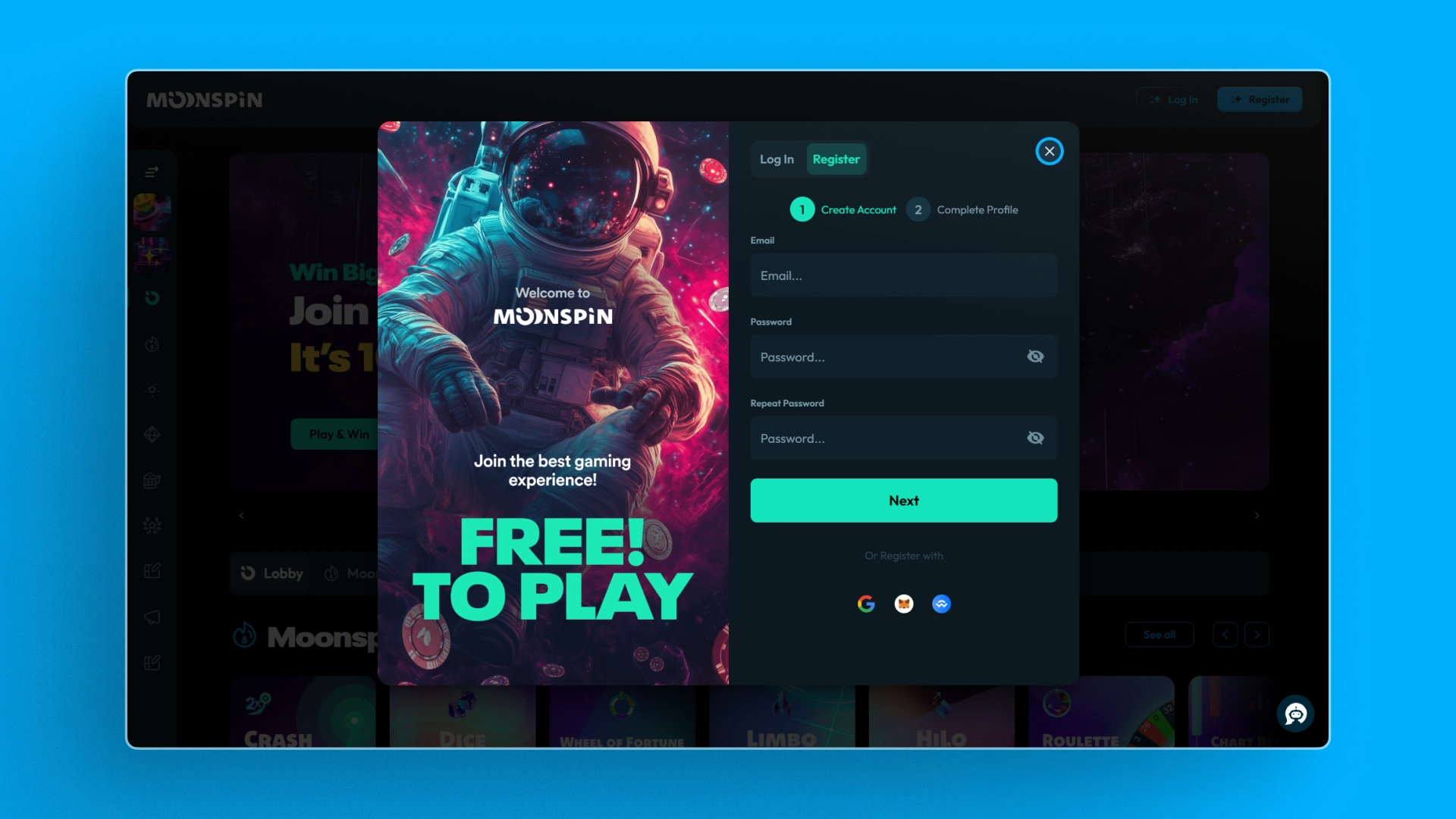 screenshot register moonspin
