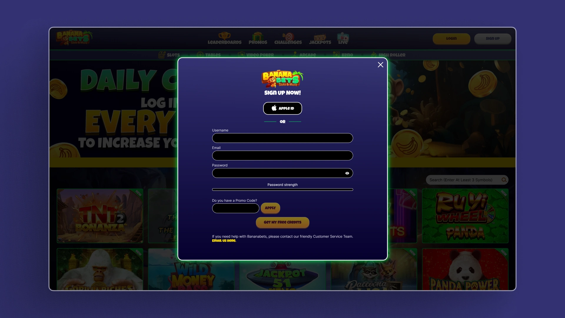 screenshot register Banana Bets