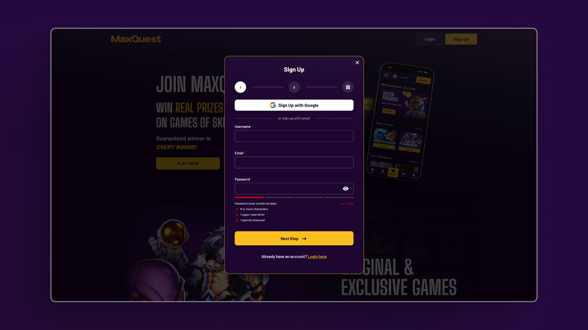 screenshot register MaxQuest