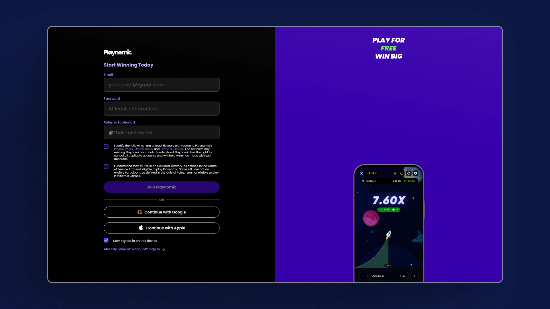screenshot register Playnomic